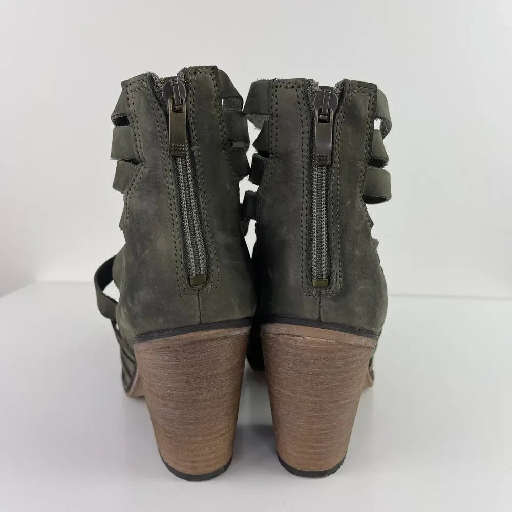 Free People Hybrid Gray Green Leather Strappy Ankle Boots Wood Heel 38 7.5/8